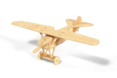 Beyaz arka planda izole edilmiş tahta bir oyuncak uçak - 3 boyutlu görüntüleme