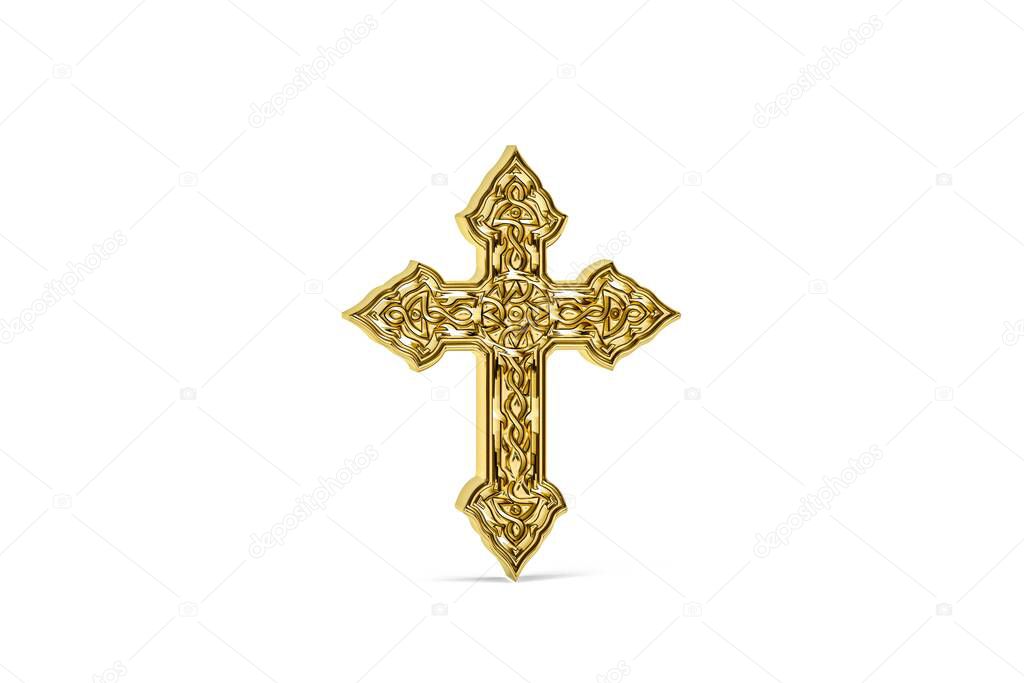 Golden 3d cross icon isolated on white background - 3d render