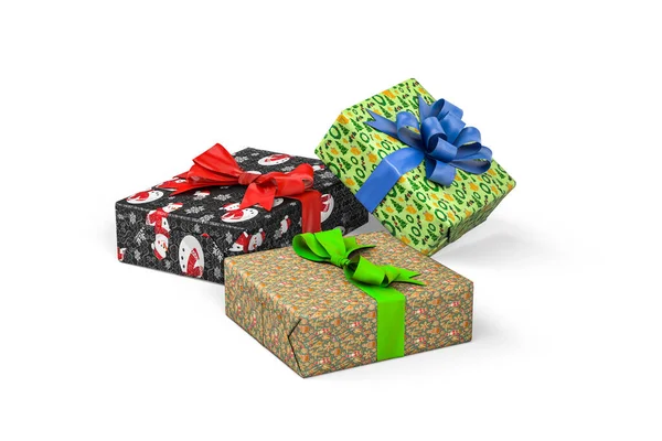 Presentes Natal Três Caixas Papelão Embrulhadas Papel Com Tema Natal — Fotografia de Stock