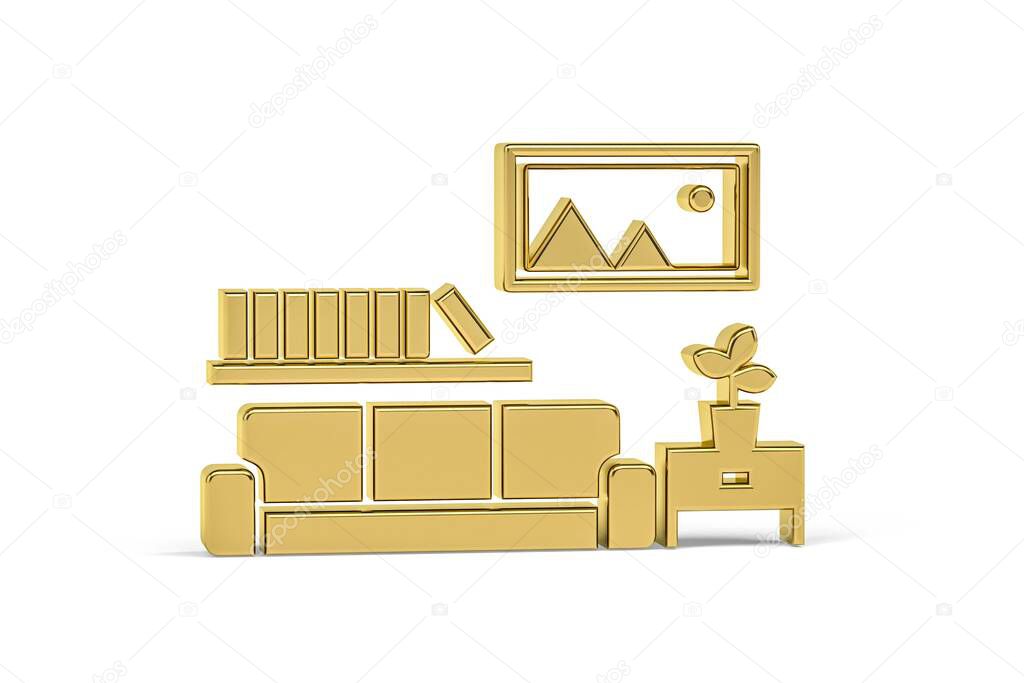 Golden 3d living room icon isolated on white background - 3d render
