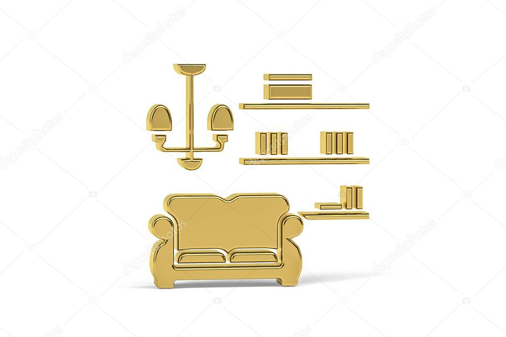 Golden 3d living room icon isolated on white background - 3d render