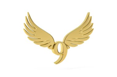 Altın basamaklı 9 - 3 boyutlu 9 haneli beyaz arka planda melek kanatları - 3 boyutlu görüntüleme