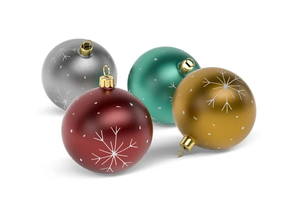 Four Christmas Balls Silver Gold Green Red Colors Isolated White — Stockfoto