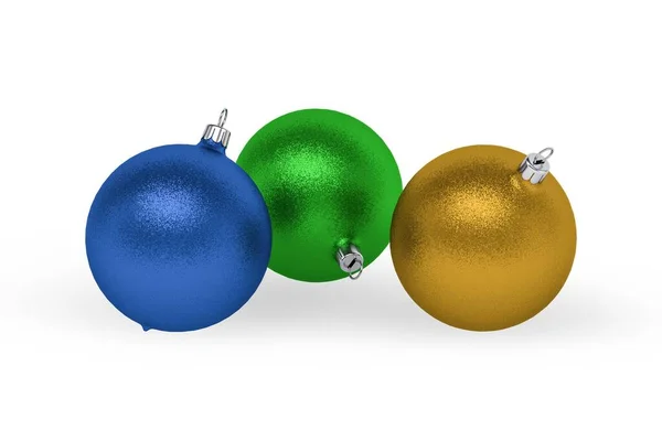 Drie Kerstballen Blauwe Groene Gouden Kleuren Geïsoleerd Witte Achtergrond Render — Stockfoto