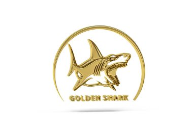 Beyaz arkaplanda izole edilmiş Altın 3d köpekbalığı simgesi - 3D görüntüleme