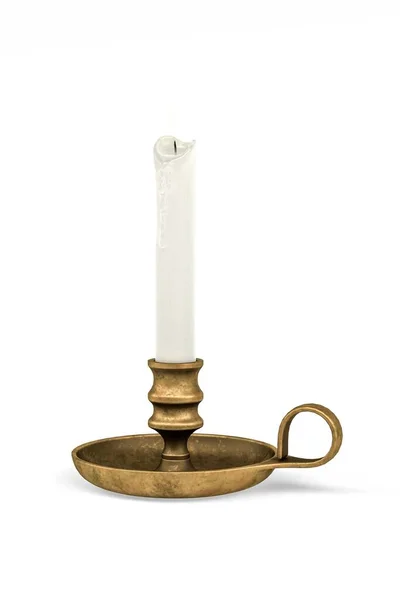 Brass Vintage Candlestick Candle White Background Render — стоковое фото