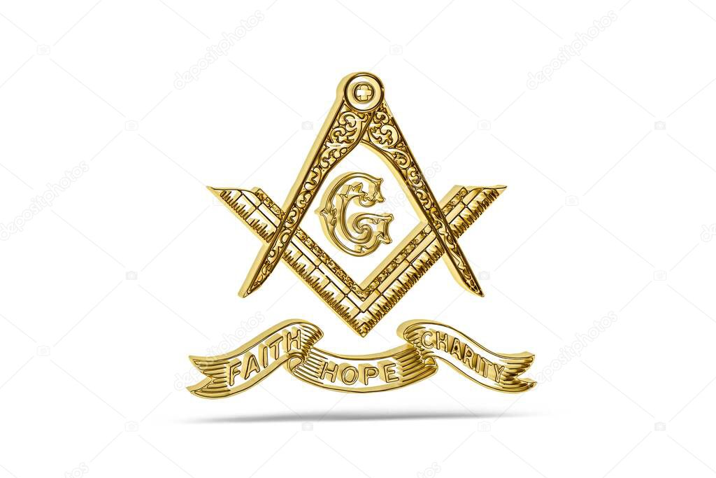 Golden freemasonry icon isolated on white background - 3D render