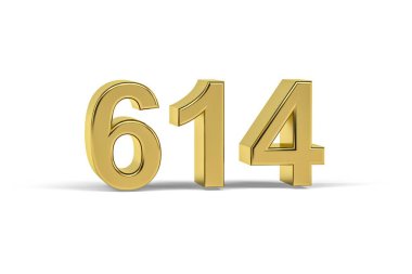 Altın 3D numara 614 - 614 yılı beyaz arkaplanda izole edilmiş - 3D görüntüleme