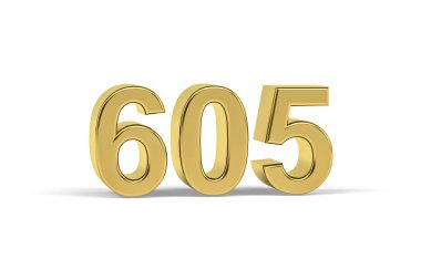 Altın 3D numara 605 - Yıl 605 beyaz arkaplanda izole edilmiş - 3D görüntüleme
