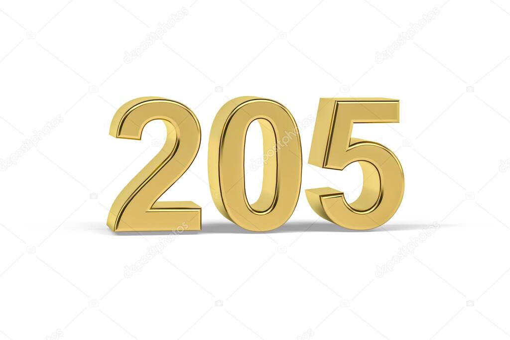 Golden 3d number 205 - Year 205 isolated on white background - 3d render