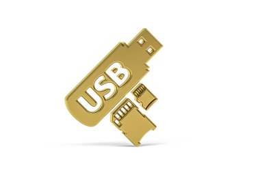 Altın 3d USB Kart Okuyucu simgesi beyaz arkaplanda izole edildi - 3d oluşturma
