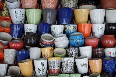 colorful ceramics pots in a shop