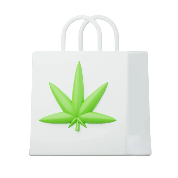 Borsa della spesa con foglie di cannabis. App negozio di erbacce mediche icona di illustrazione di rendering 3d. — Foto Stock