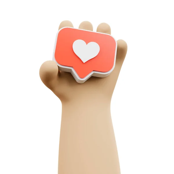 Cartoon-Hand mit Herz-Symbol-Botschaft. Social-Media-Benachrichtigungskonzept. 3D gerenderte Illustration. — Stockfoto