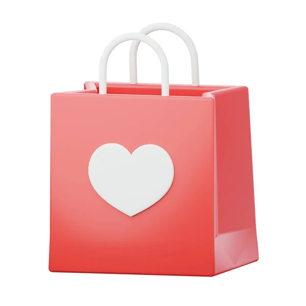 Rode boodschappentas met wit hart. Valentijnsdag cadeau concept 3d weergave illustratie. — Stockfoto