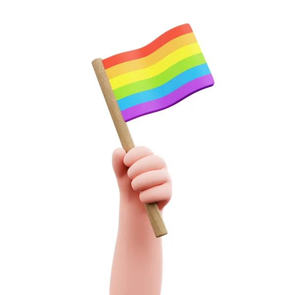 Plakat parady dumy LGBT. Kreskówkowa ręka trzymająca flagę i świętująca biseksualną homoseksualną transseksualną równość. 3D ilustracja renderowana. — Zdjęcie stockowe