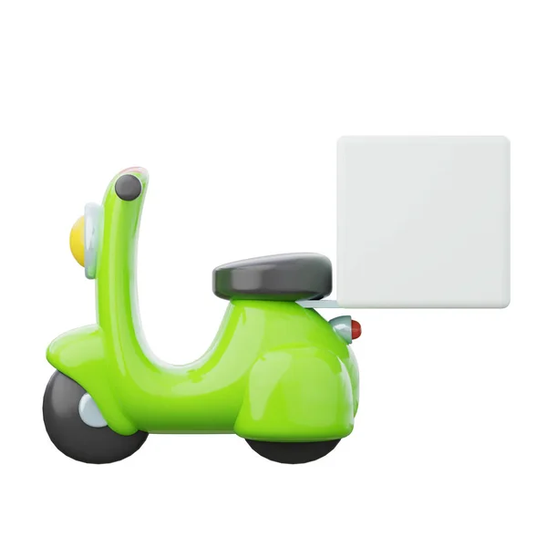 Levering scooter motor fiets met een doos. Shopping service app pictogram concept 3D weergave illustratie. Stockfoto