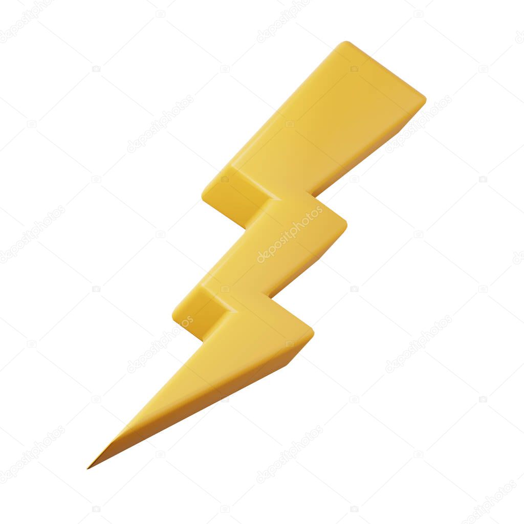 Yellow cartoon style lightning bolt high quality 3D render illustration icon.