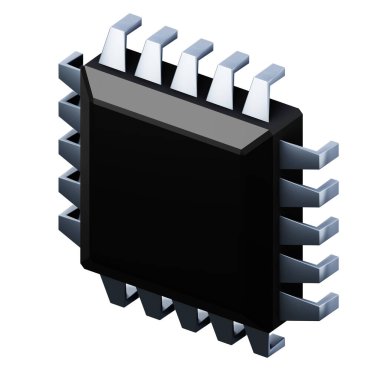 Elektronik çip yüksek kalite 3D çizim. Bilgisayar teknolojisi geliştirme kavramı simgesi.