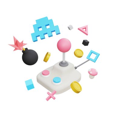 Retro oyun 3D canlandırma çizimi. 8bit piksel sanat tarzı oyun konsepti posteri.