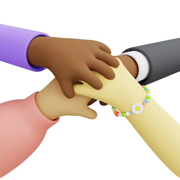 Stack of mixed race hands. Unity and teamwork concept. 3D rendered illustration in cartoon style. — Stock Photo, Image