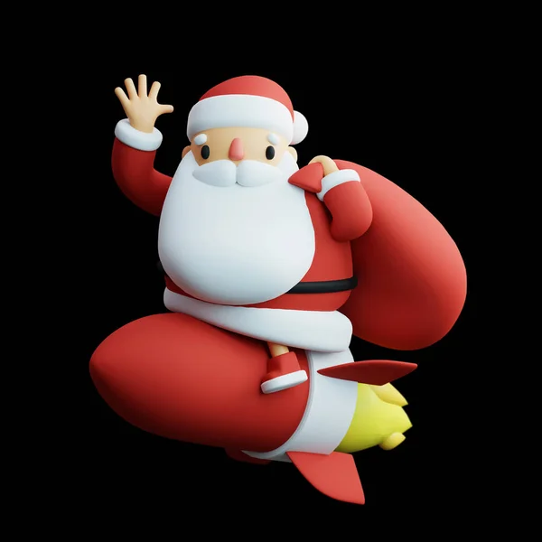 Święty Mikołaj jeździ rakietą i macha ręką w nocy. Boże Narodzenie prezent dostawy usługi 3D renderowania ilustracji. — Zdjęcie stockowe