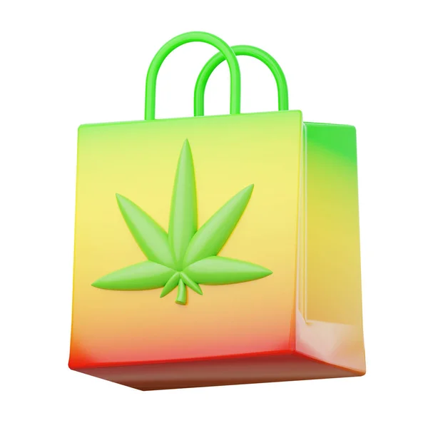 Borsa shopping rasta in foglia di cannabis. App negozio di erbacce mediche icona di illustrazione di rendering 3d. — Foto Stock