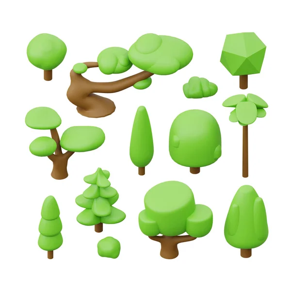 Izometrické stromy zasazeny. 3D vykreslená ilustrace. — Stock fotografie