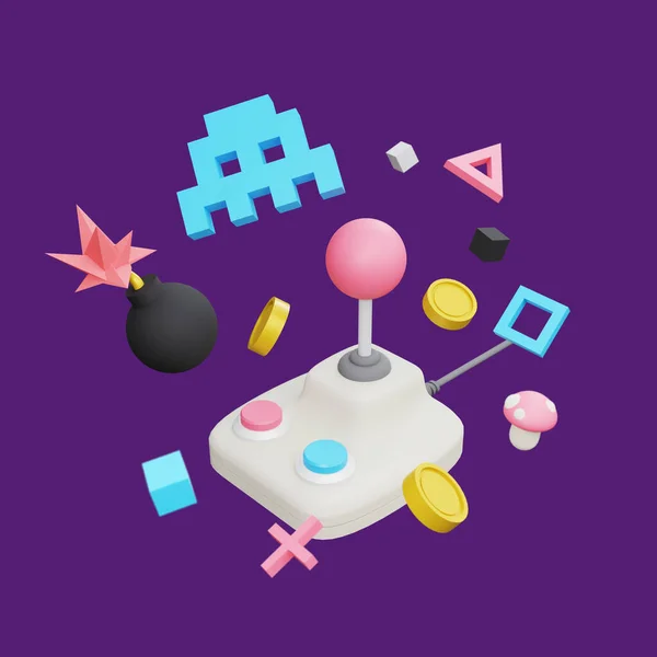 Retro-Gaming 3D-Renderillustration. 8bit Pixel Art Style Arcade Game Konzept Poster. — Stockfoto