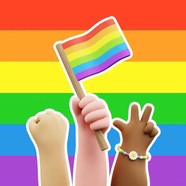 Plakat parady dumy LGBT. Kreskówkowe dłonie świętujące biseksualną homoseksualną równość transseksualną. 3D ilustracja renderowana. — Zdjęcie stockowe
