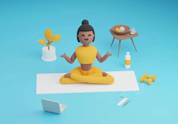 Jonge zwarte vrouw doet thuis yoga meditatie met behulp van online lessen met laptop. 3D rendering lockdown illustratie concept. — Stockfoto
