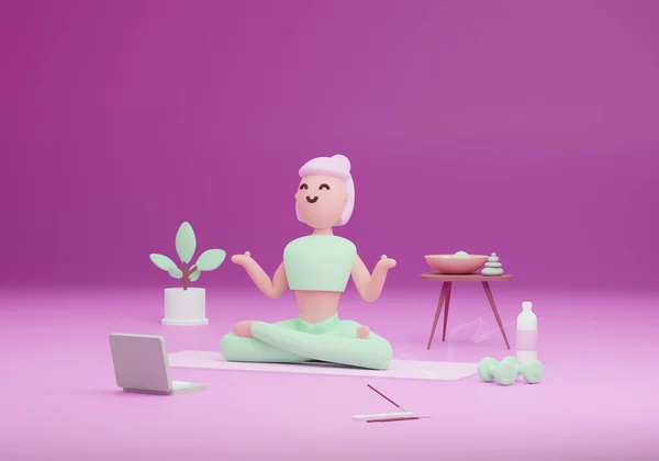 Mladá žena dělá doma jógu meditaci pomocí online lekcí s notebookem. Koncept uzamčení 3D vykreslování. — Stock fotografie