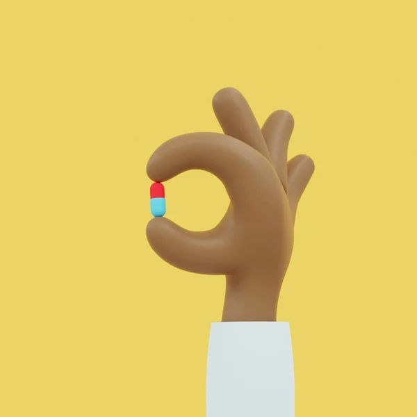 Cartoon Doctor Hand Holding Pil. Gezondheidszorg Concept 3D Render Illustratie Rechtenvrije Stockafbeeldingen