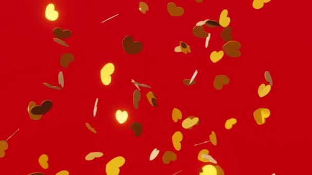 Golden paper confetti harten vallen neer op rode achtergrond. Valentijnsdag 4K looping animatie. — Stockvideo