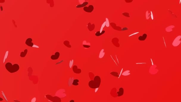 Papel vermelho confetes corações caindo sobre fundo vermelho. Valentine Day 4K looping animação. — Vídeo de Stock