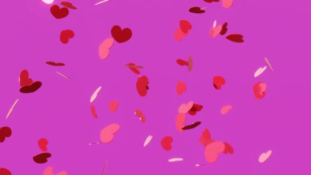 Piros konfetti szív esik le rózsaszín háttér. Valentin nap 4K hurok animáció. — Stock videók