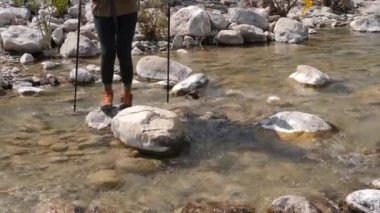 Sırt çantalı Genç Yürüyüşçü Kadın, Trekking Polonyalıları kullanarak nehri geçiyor. 4K Yavaş Çekim