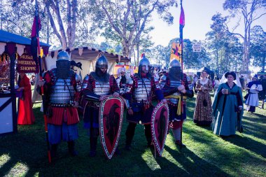 Ortaçağ Abbey Ortaçağ Festivali 'nde ortaçağ zırhı, miğfer ve silah kuşanmış adamlarla birlikte olan insanlar..