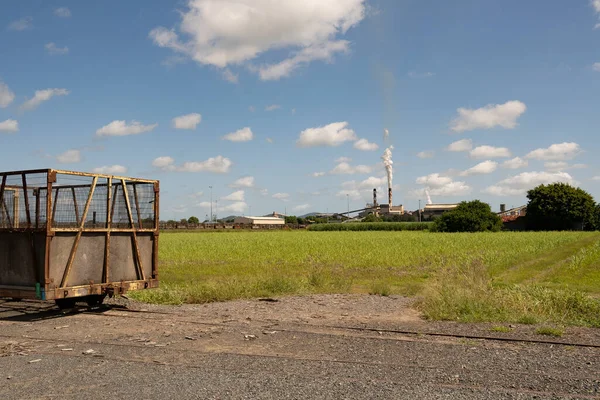 Sockerrörsfält Med Sockerbearbetningsfabrik Bakgrunden Med Tomma Lådor Parkerade För Slack — Stockfoto