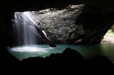 Doğal Köprü olarak da bilinen doğal kemer, Avustralya, Queensland 'daki Springbrook Ulusal Parkı' nın aşağısındaki suya dökülen bir kütüğün üzerine dökülen suyla..                                                                                         