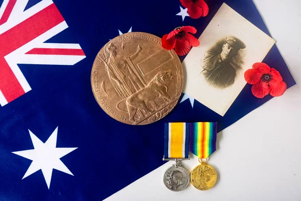 Медали Мемориальная Доска Смертельный Пенни Вручены Австралийскому Солдату Времен Первой — стоковое фото