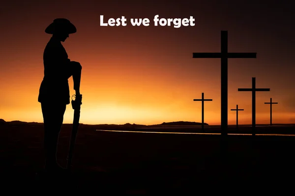 Silhouette Australian Soldier Arms Reversed Golden Sunrise Crosses Background Anzac — Stock Photo, Image