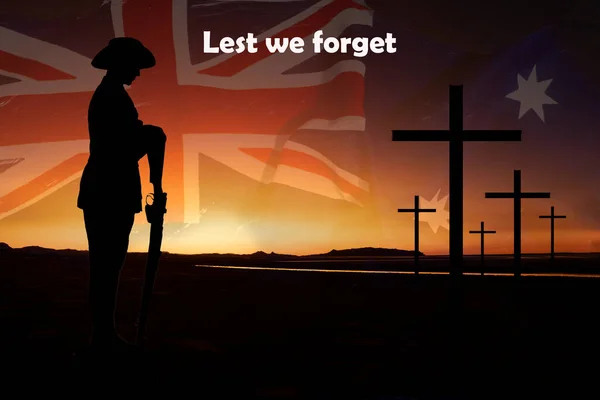 Silhouette Australian Soldier Arms Reversed Golden Sunrise Crosses Australian Flag — Stockfoto