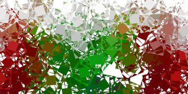 Açık yeşil, rastgele üçgenli kırmızı vektör dokusu. Renkli üçgenler aralığıyla soyut bir illüstrasyon. Terfi modelleri.