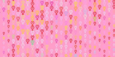 Kadın sembollü hafif çokrenkli vektör arkaplanı. Değişken feminizm şekilli renkli bir illüstrasyon. Uluslararası Kadınlar Günü için Tasarım.