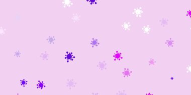 Açık mor, pembe vektör arkaplan ve virüs sembolleri. Dekoratif tarzında renkli işaretleri olan akıllı illüstrasyon. Karantina olayları için en iyi tasarım.