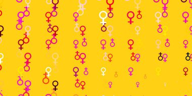 Açık pembe, kadın hakları sembollü sarı vektör dokusu. Modern stilde eğilim gösteren renkli feminizm sembolleri. Web siteniz için basit tasarım.