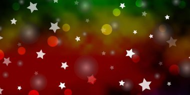 Daireli, yıldızlı koyu renkli vektör dokusu. Renkli daireler, yıldızlar gibi soyut çizimler. Kumaş ve duvar kağıtlarının dizaynı için desen.