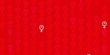 İş kadını işaretleriyle açık pembe vektör şablonu. Modern stilde eğilim gösteren renkli feminizm sembolleri. Uluslararası Kadınlar Günü için arkaplan.