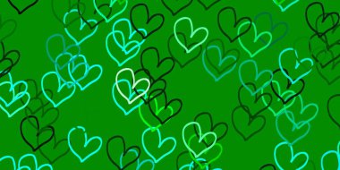 Açık mavi, parlayan kalpleri olan yeşil vektör arkaplan. Kalpler soyut arkaplanda bulanık ve rengarenk. Yıldönümü reklamın için tasarım.